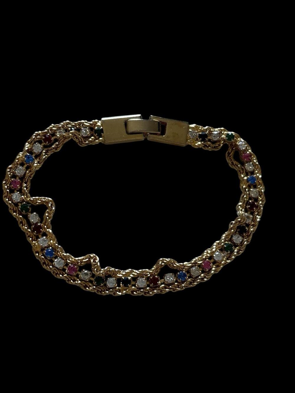 Tennis Bracelet rainbow crystal chain 7.5” eighties Vintage Gold Tone 3 Strand